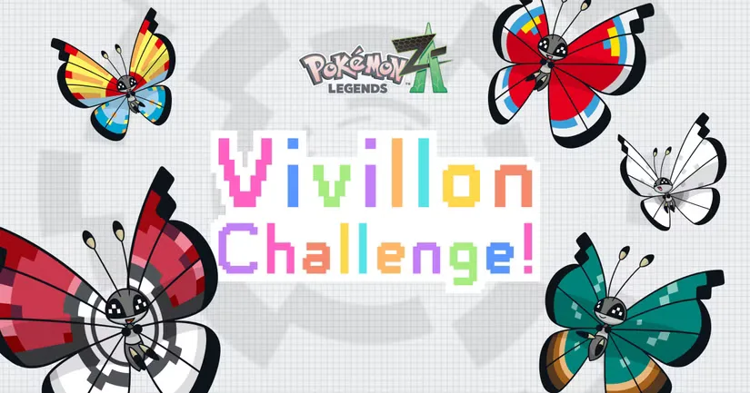 The official Pokemon Legends: Z-A banner announcing the Vivillon challenge, which will award players with a rare Poke Ball Pattern variant of the bug monster.