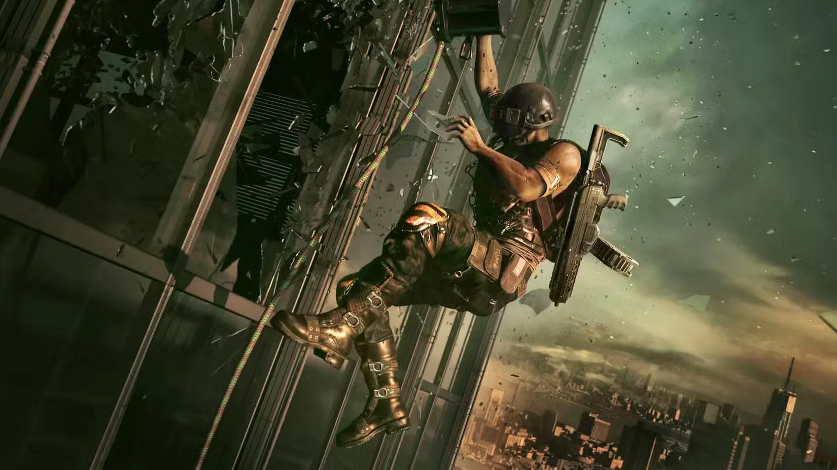 A PUBG player attempts to climb a building on the Deston map