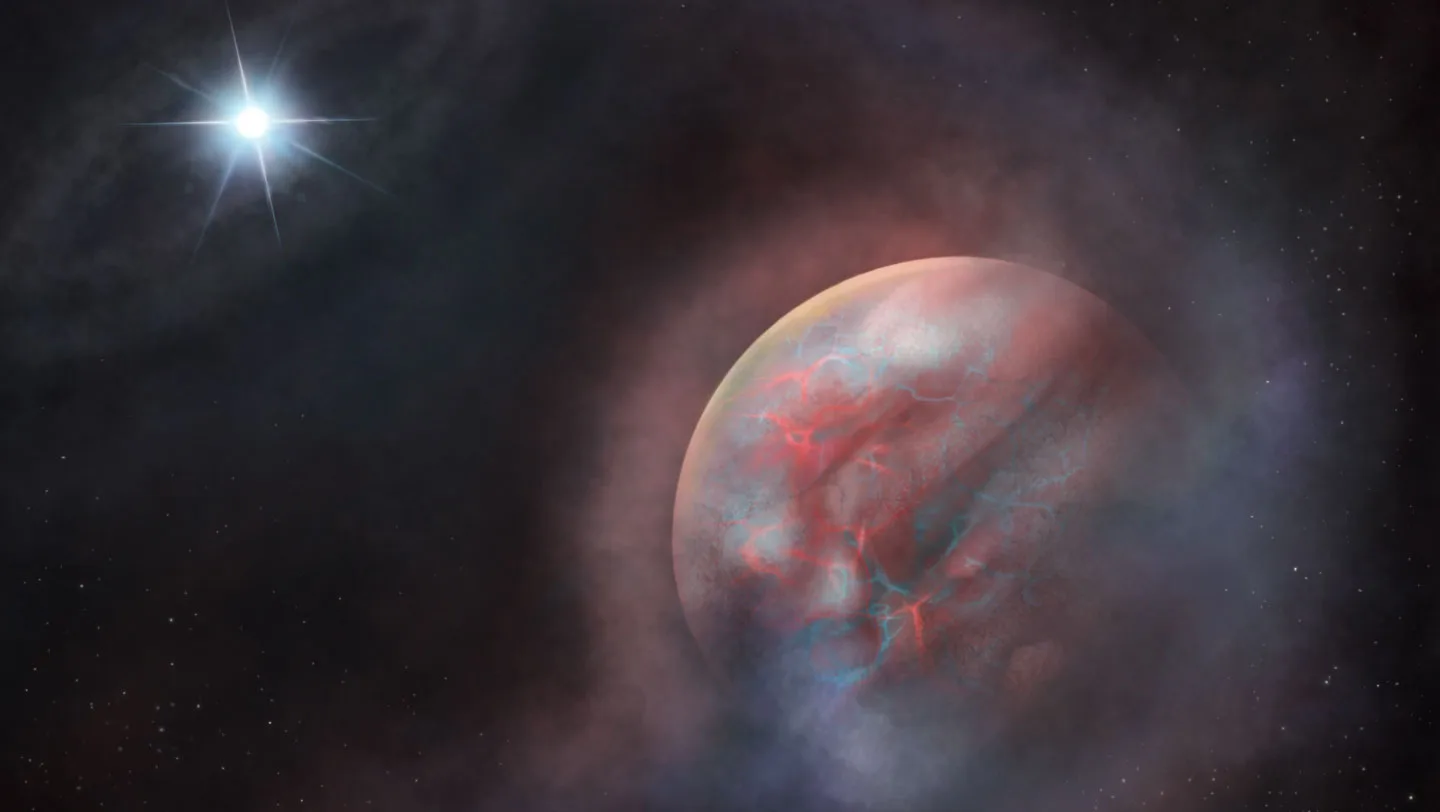 A planet surrounded by a fuzzy atomsphere in the foreground, and a white star in the distance