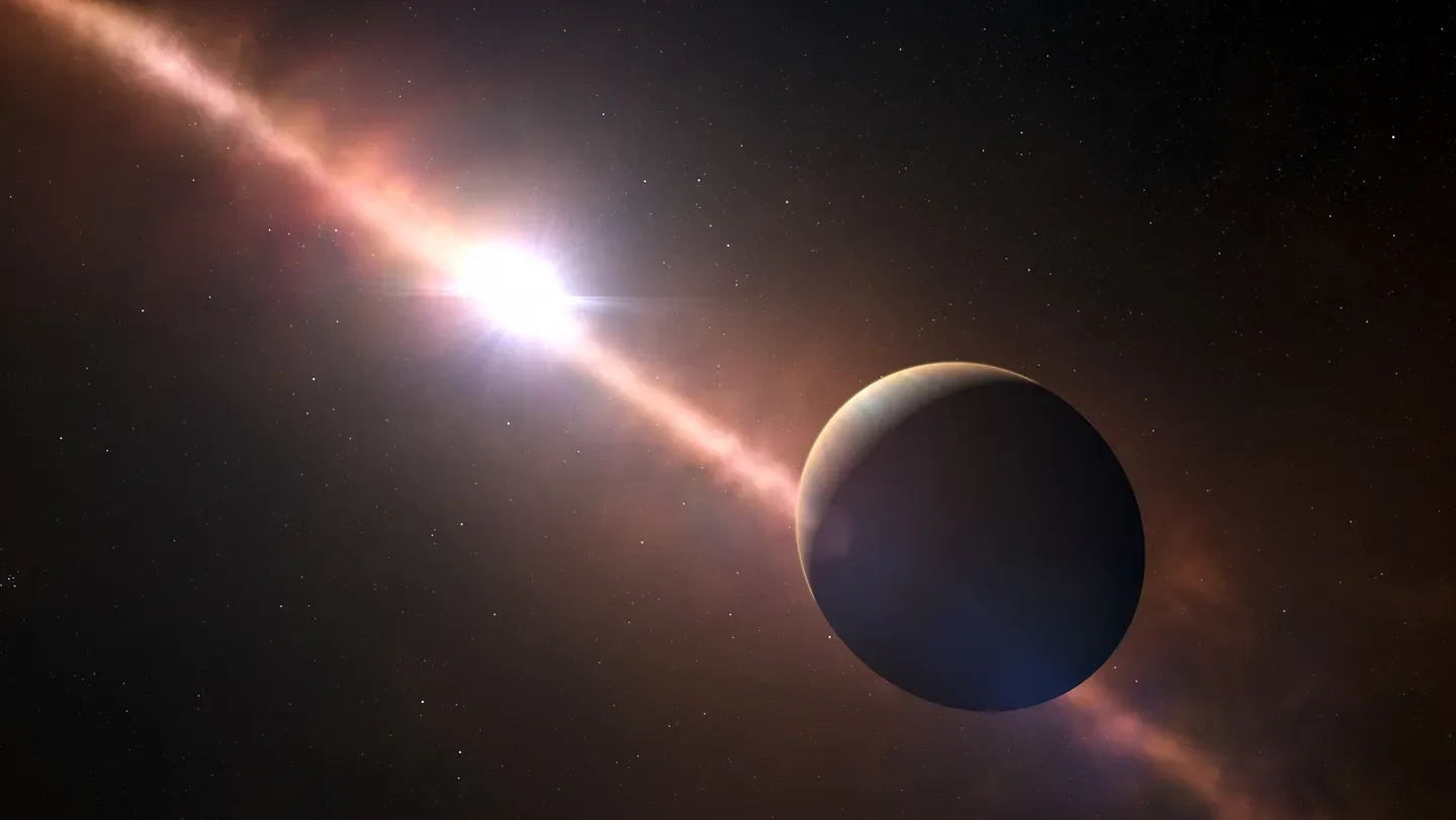 A planet in front of a bright star.