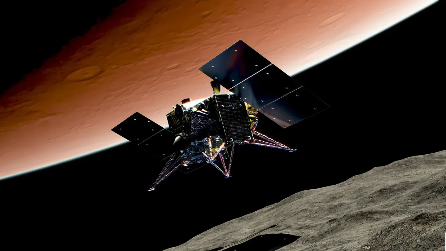 A four-legged spacecraft hovers over a rugged rocky surface on the bottom right, while red Mars dominates the top left.