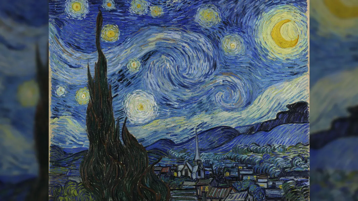 Vincent van Gogh's famous painting "The Starry Night" shows a swirly star-filled sky over a town and hills, with cypress trees in the foreground.