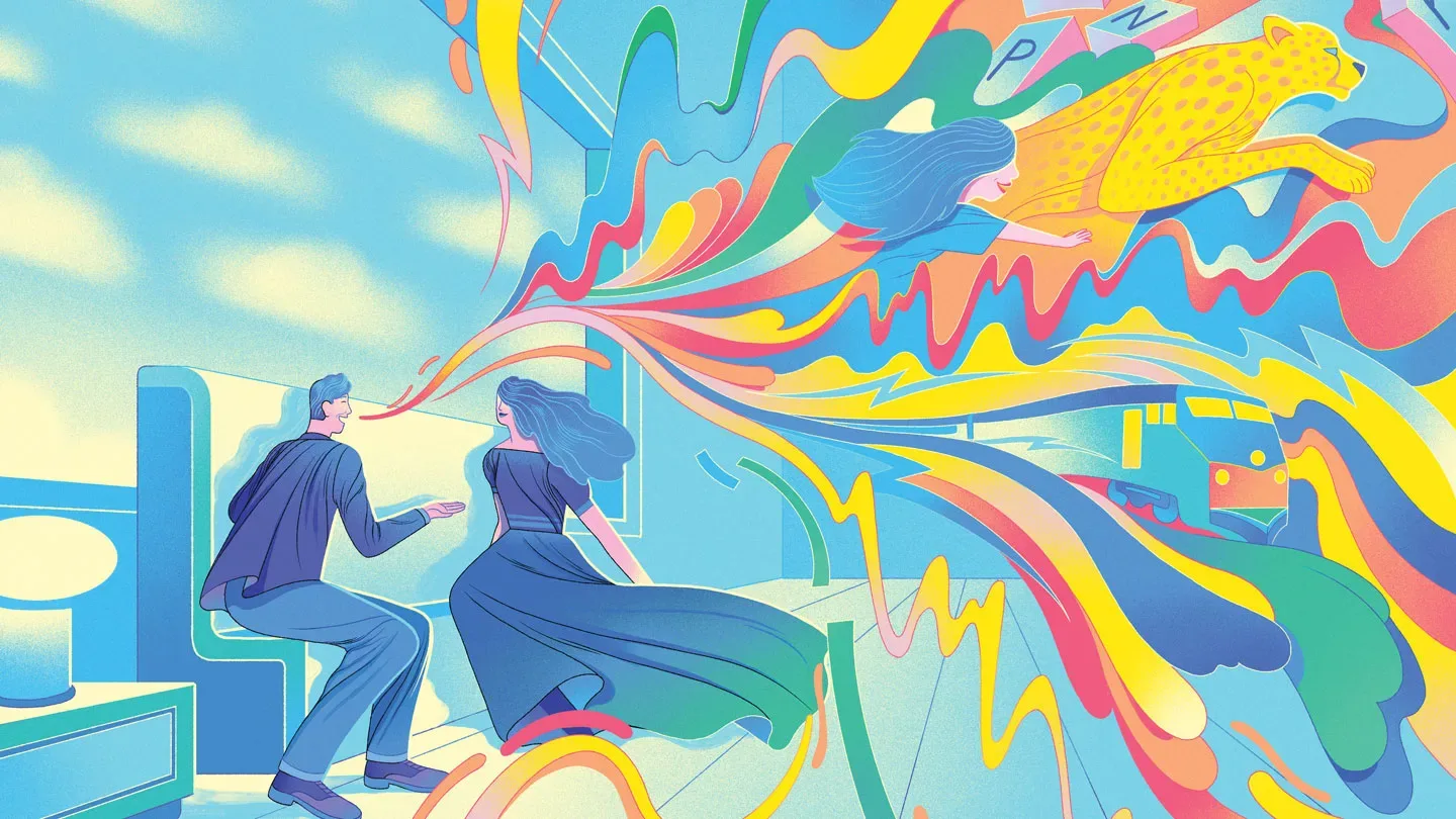An illustration of two people sitting side-by-side. The man on the left is talking and shows a whirlwind of colors and images coming out of his mouth, such as a cheetah, letters, a train, etc