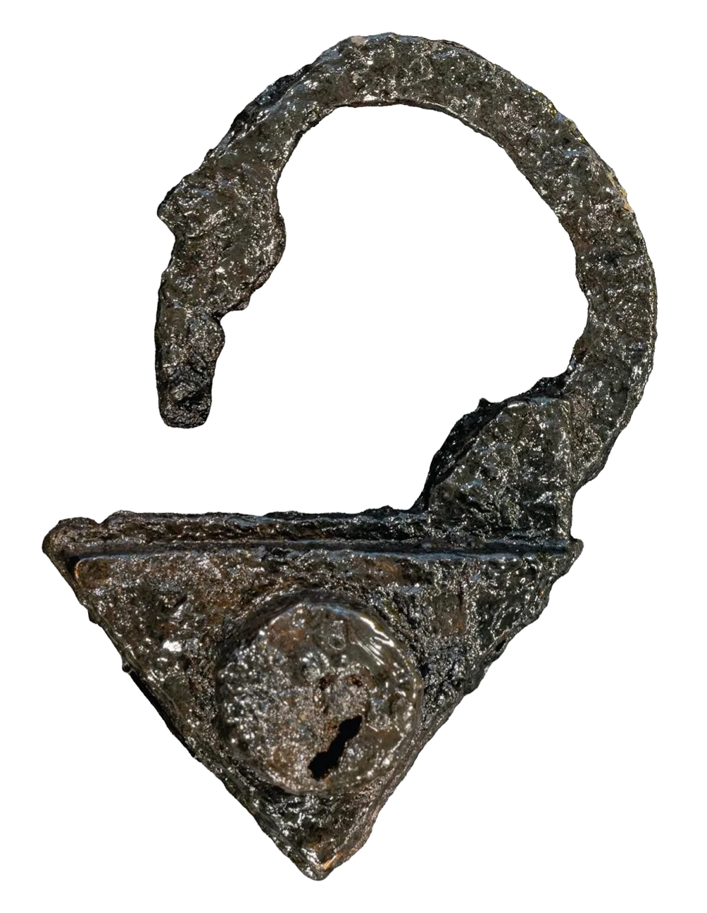 a photo of an ancient triangular padlock