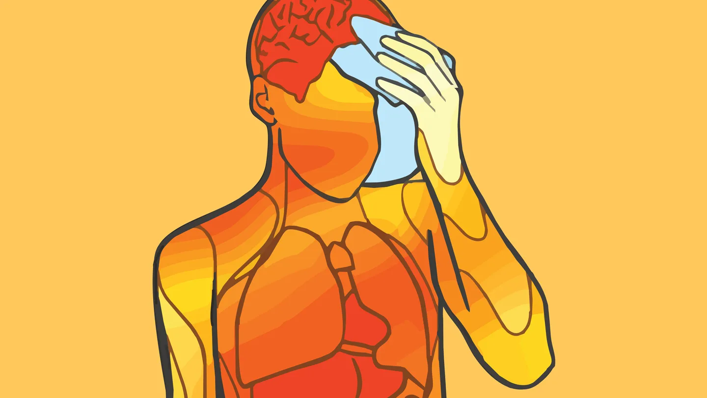 Red and orange colored line-drawing of a human torso and head with internal organs exposed. The human holds a damp cloth to his head to cool down.
