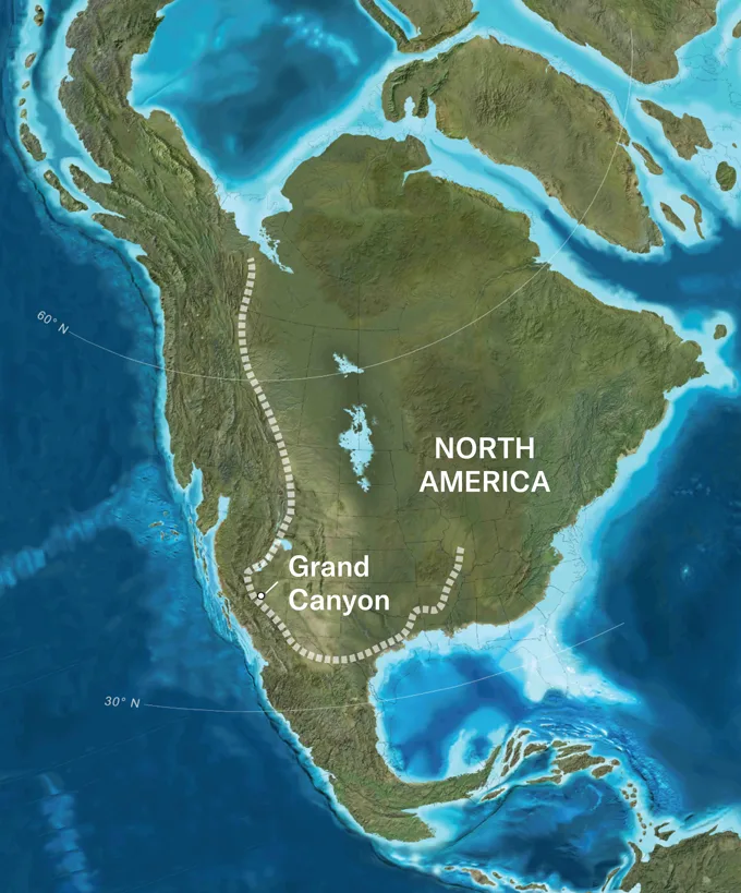 A map of North American shows the location of a massive ancient cliff (shown as a dotted line, running along the western coast of the continent) that would have stretched from what is now Alaska down past what is now the Grand Canyon and into more of the Southwest United States.