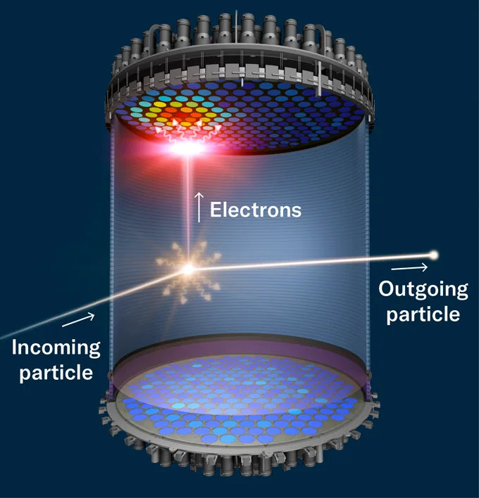 a diagram shows a particle coming into the detector, creating a flash of light, and electrons drifting up.