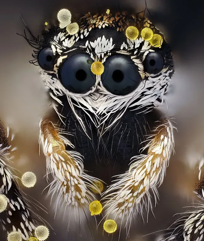 Close-up of a jumping spider shows pollen dusting its body and fine hairs