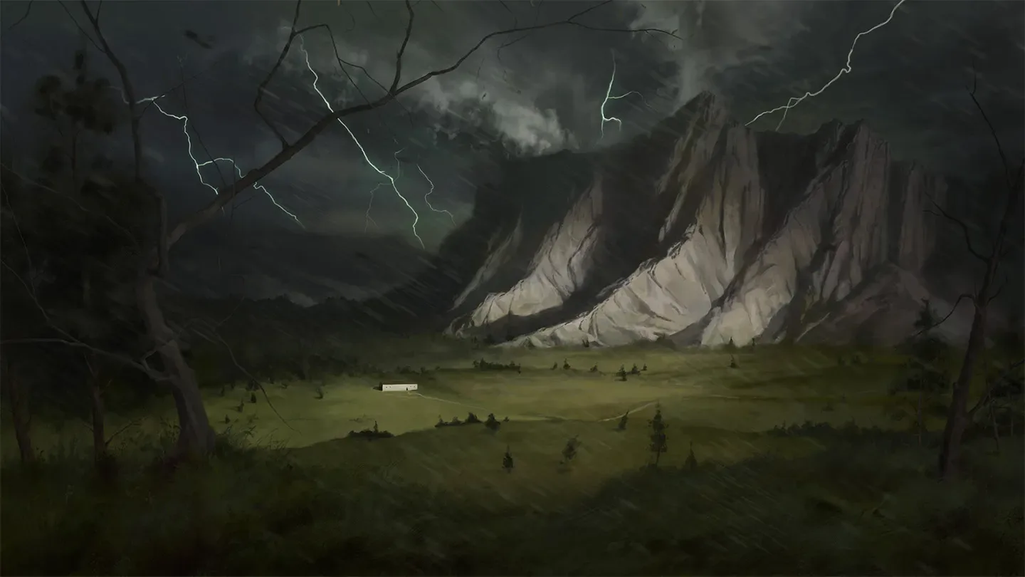 Lightning crackles, rain pelts and storm clouds gather over a green valley landscape that is edged by steep, rocky, gray mountains in this illustration.