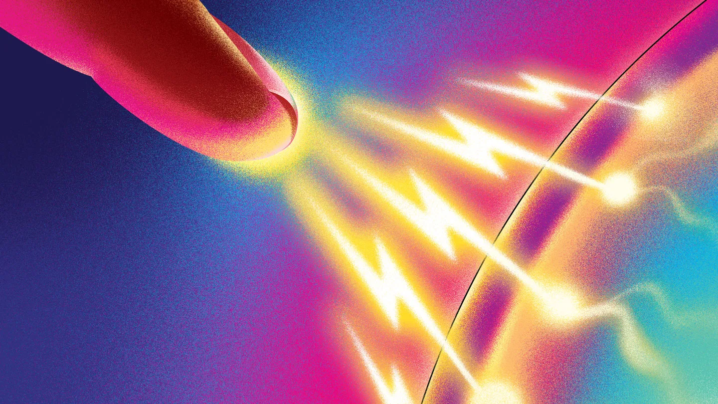 A colorful illustration of static electricity: a fingertip approaches a curved surface, sending bright, glowing streaks of light arcing across the gap between them. The scene is rendered in vivid pink