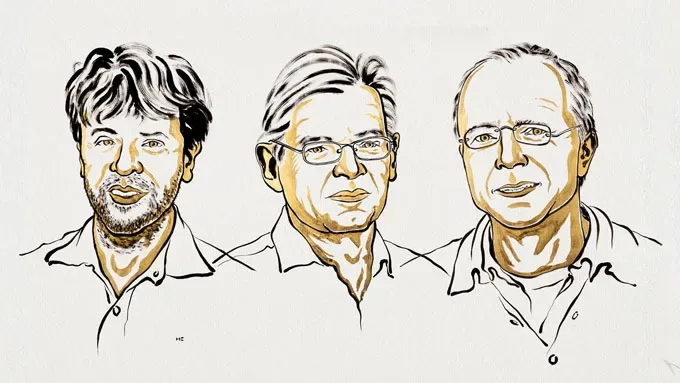 A cartoon composite of Karl Deisseroth, Peter Hegemann and Georg Nagel, all in tan and beige coloring. 