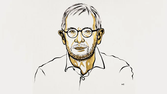 An illustration of Francis Halzen in tan and beige coloring. 