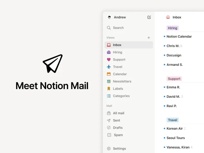Image of a screengrab of Notion Mail that includes a view of its auto-labeled folder.