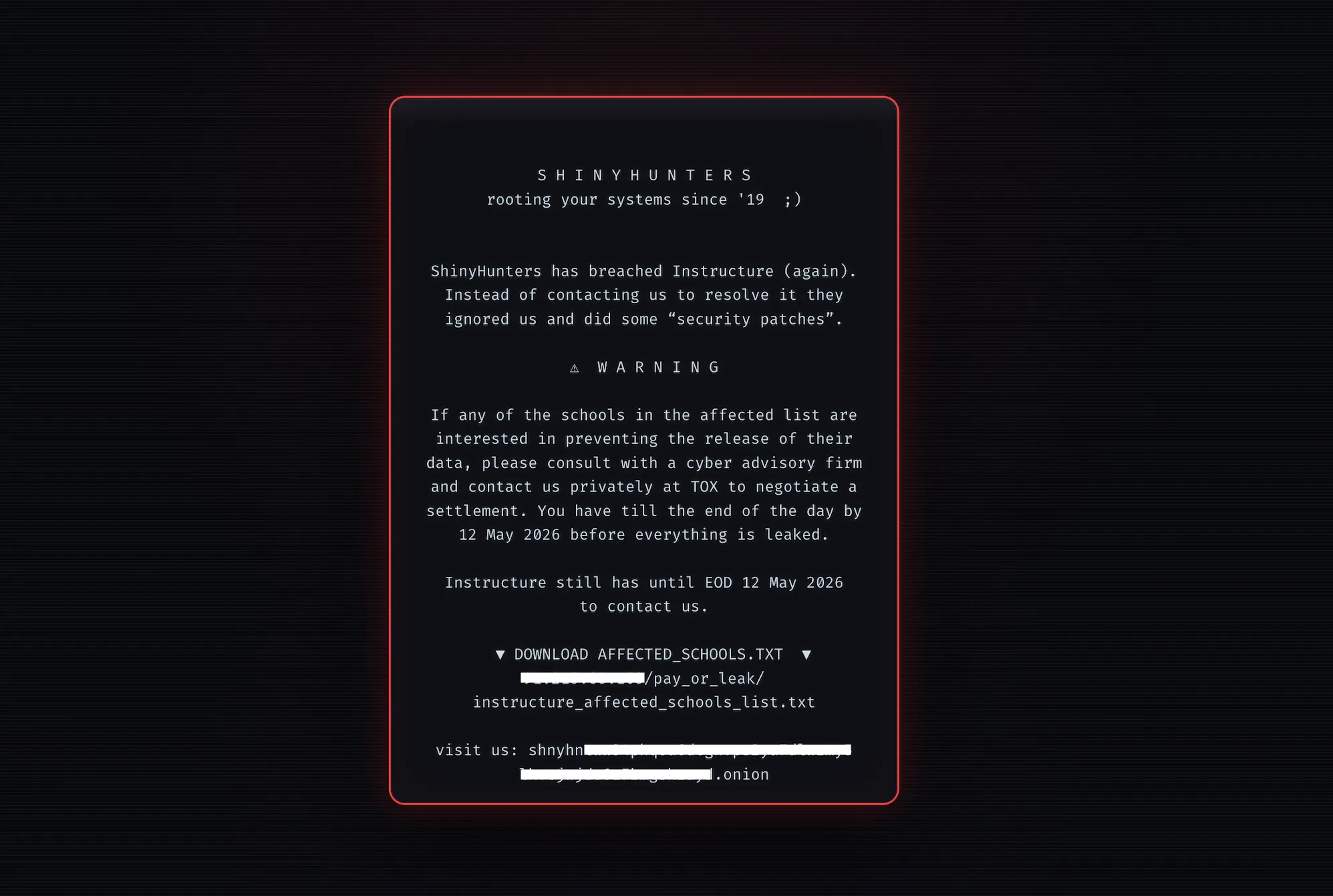 A redacted screenshot of the message ShinyHunters left on the hacked login pages of Instructure's platform Canvas.